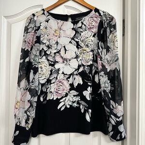 White House Black Market Floral Blouse in Black and Pink